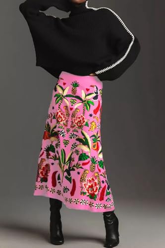 THLAI Womens Skirt Midi Skirt Tropical Plant Print Pink Zipper A-Line Long Skirts Spring Summer Skirt Floral2