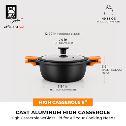 Image of BRA COOKWARE Efficient Pro Nonstick Stock Pot w /Lid | 8 Inch 3.2 Quart Cooking Pot | 3-Layer Scratch Resistant Coating | PFOA Free Deep Pot | All Cooktops | Oven Safe up to 425F (w /o Lid-Handles)