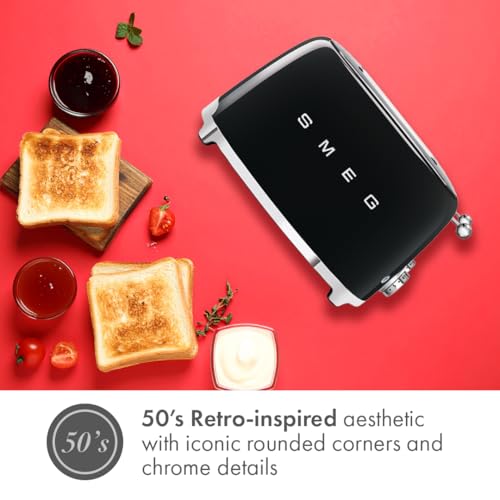 Image of SMEG 4 Slice Toaster TSF03, Retro Stainless Steel Toaster with Wide Slots for Bagels, 6 Browning Levels, Defrost Reheat Bagel Functions, Dual Controls, Crumb Trays, 1800W - Black - TSF03BLUS