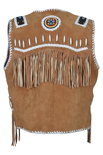 Image of Men's Western Cowhide Suede & Leather Vest - Beaded Fringe Yoke & Back Native-Inspired Cowboy Biker Vest