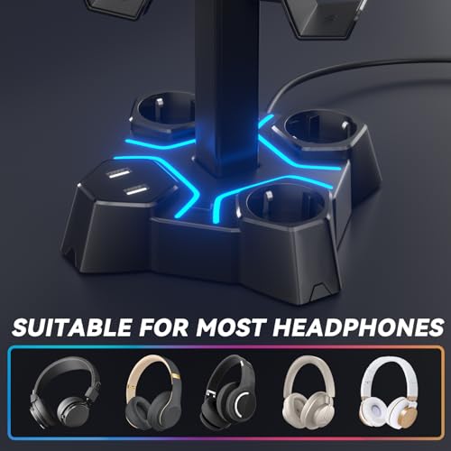 KDD Soporte Auriculares Gaming LED con Cargador USB, Soporte Mando PS5 & Soporte Cascos con 2 Puertos USB & 3 Enchufes UE, Porta Auriculares Mesa y Mando para Escritorio Gamer Accesorios Gaming PC - imagen 5