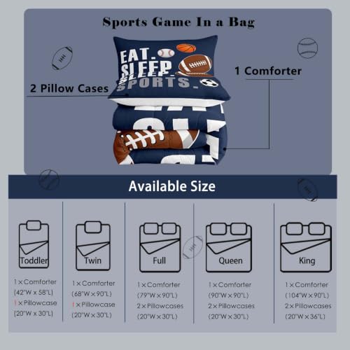 Image of Feelyou Football Comforter Set Full Size Kids Basketball Baseball Soccer Comforter for Boys Girls Sports Theme Bedding Set Breathable Soft Navy Blue Duvet Quilted Ball Game Room Decor