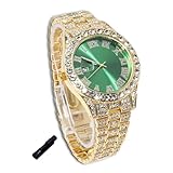 genkigold Gold Diamond Watch for Teen Boys - 42mm Roman Numerals Round Dial in Green - 18K Real Gold Plated 8