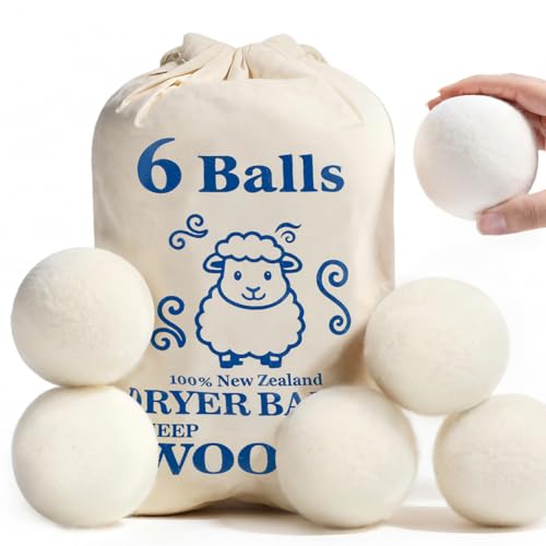 Wool Dryer Balls, New Zealand Dryer Balls Laundry Reusable Reduce Static Cling, Dryer Ball to Reduce Wrinkles & Shorten Drying Time, Drying Balls Fabric Softener Ball for Laundry（Pack of 6)