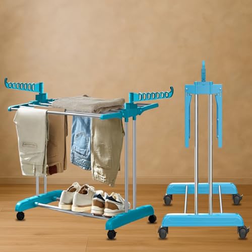 Image of JD FRESH Stainless Steel 2 Tier Big Clothes Drying Stand /Foldable Laundry Rack /Cloth Dryer /Hanger for Clothing /Outdoor /Indoor /Balcony Space Saver for Home (Blue)