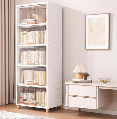 Image of BAMEOS ๐ ๐๐๐๐๐ Foldable Plastic Storage Cabinet with Transparent Flip Doors | Multipurpose Clothes Organizer Almirah Wardrobe for Clothes, Kitchen Cupboard | Plastic Storage Box - BEIGE