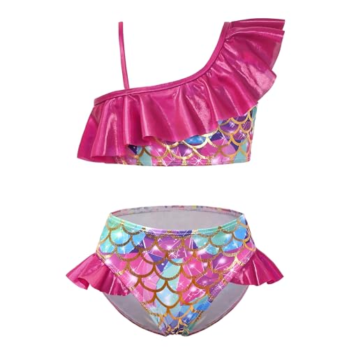 CHILDRENSTAR Girls Metallic Bathing Suits Shiny Ruffles One Shoulder 2 Pieces Swimsuits Cute Bikini Set