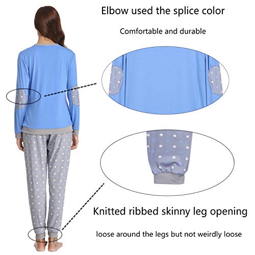 Hawiton Women's Cotton Long Sleeve Pajamas Set Sleepwear Dot Pattern Bottom Lounge Nightgowns Blue