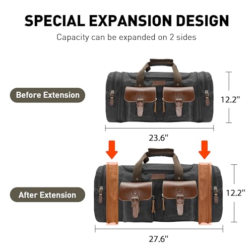 Image of Wildroad 60L Travel Duffel Bag, Expandable Waxed Canvas Genuine Leather Duffle Bag Upgraded Overnight Weekender Bag Carry on Bag (Vintage Black, X Large-60L)
