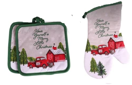 Have Yourself A Merry Little Christmas Farmhouse Red Vintage Truck Decorative Kitchen Linen Sets, 2 Hand Dish Towels, 2 Potholders Hot Pads, 1 Oven Mitt Glove