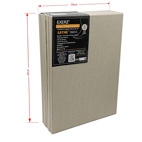 Exerz 30x40cm Linen Canvas 5pk - A3 Stretched Canvas Framed 1.7cm Pre-Stretched Artist Canvas - 320GSM 100% Linen Triple Primed/Acid Free/Medium Grain - Acrylic & Oil Paint