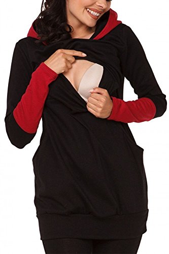 Lettre d'amour La Maternidad, La Lactancia Materna Las Mujeres Sudadera con Capucha Colorblock Patchwork Outerwear Tops Black XL