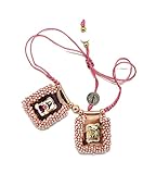 Hermosa pulsera escapulario en cuero bordado, con las estampas del sagrado corazon, Virgen del Carmen, Virgen de Guadalupe y San Miguel Arcángel. incluye oracion. 2,5cmsx3cms (Silver Pink)