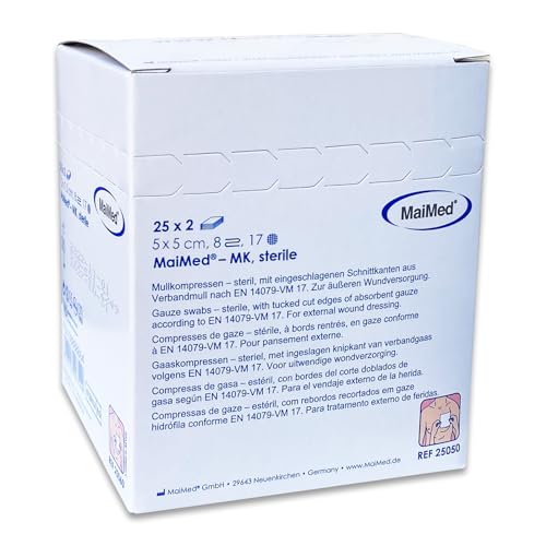 MaiMed Sterile Kompressen 5x5 cm 50 Stück Mullkompressen 8-lagig fusselfrei Mulltupfer steril & Wundauflagen nicht haftend für Verband & Pflege