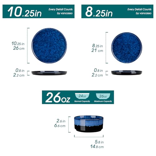 Image of vancasso Starry Plates and Bowls Sets,12 Pieces Blue Dinnerware Sets for Kitchen,Modern Stoneware Dishes Set for 4,Dishwasher and Microwave Safe