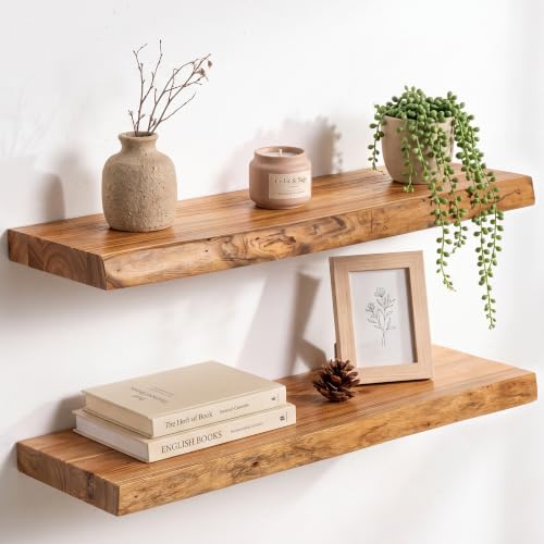 Image of Live Edge Elm Floating Shelves - 24 In Rustic Solid Wood Shelves with Heavy-Duty Invisible Bracket, Wall-Mounted Wooden Shelf for Living Room, Bathroom, Kitchen Storage & Display, Set of 2, Natural