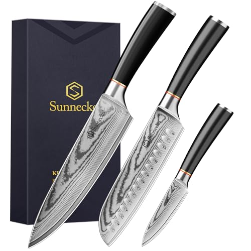 Sunnecko Damascus Knife Set with Sharpener (3-Piece)