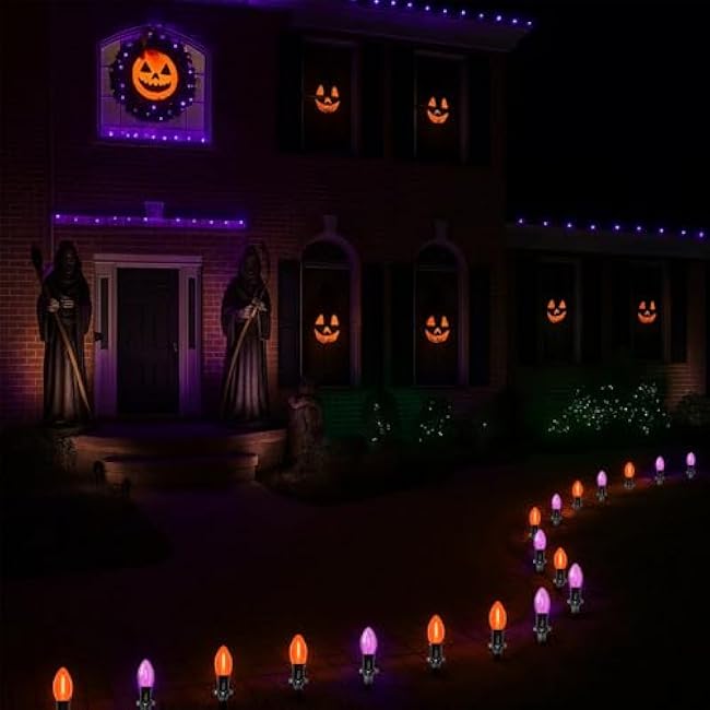 Halloween Pathway Lights, 10 Pack C9 LED Stake Lights with Purple & Orange Bulbs, 19.5ft Extendable Outdoor Walkway Lights for Garden, Yard, Driveway, Porch & Sidewalk Halloween Decorations