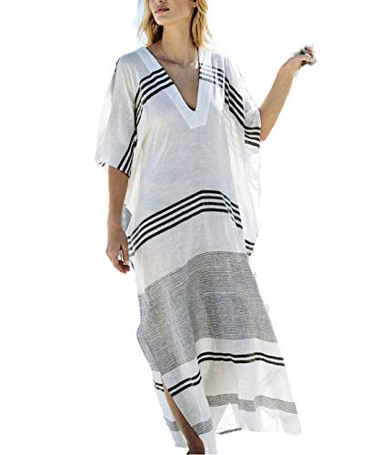 Ailunsnika Sexy V Neck Striped Plus Size Turkish Robe Kaftan Dress For Women Beach Maxi Bikini Cover Up #TOP1
