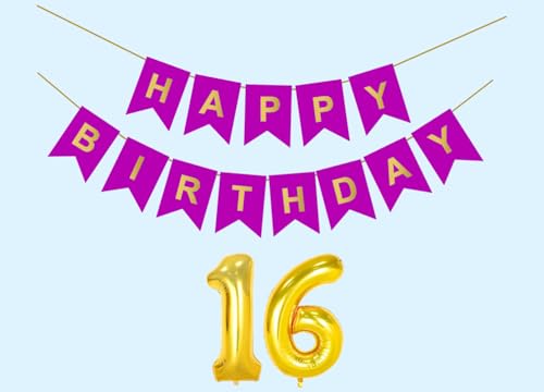 Image of 16th Happy Birthday Decoration Kit Purple for 16 year Old Boys Girls Teenage with Number Sixteen Party Decorations Decor Celebration Items Item Set Combo Reusable Paper Banner