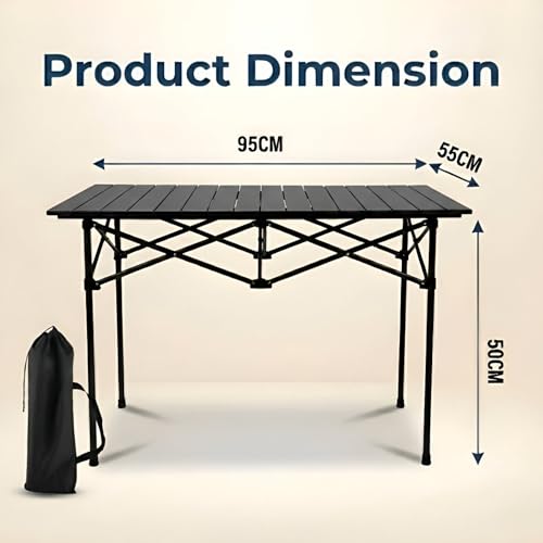 Image of Kraptick Portable Metal Folding Camping Table with Roll-Up Tabletop Lightweight Outdoor Long Table with Carry Bag Compact & Durable Folding Table for Camping, Picnic, Beach & Travel Use (Black)