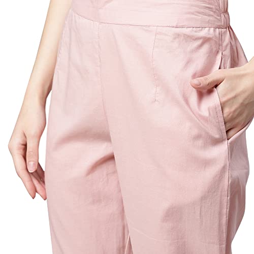 Image of Divena Light Pink Cotton Anarkali Gown Pant set with Net Dupatta