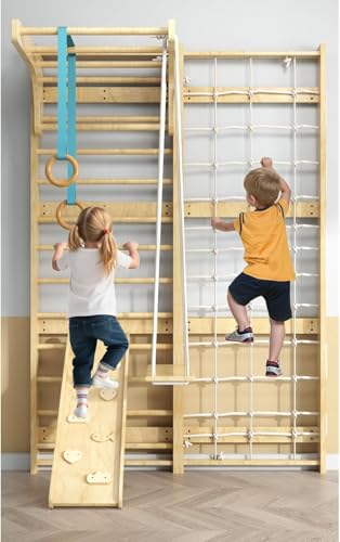 7-in-1 Swedish Ladder Wooden Climbing Wall Ladder for Kids and Adults Montessori Climber Playset with Pull-Up Bar Indoor Climbing Gym Kids Playground
