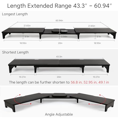 Nnewvante Monitor Stand Riser, 60 inch Large Bamboo Dual Monitor Stand for Desk, 3 Shelves Desktop Screen Riser with Adjustable Length Angle for Computer Laptop PC,Black - Image 3