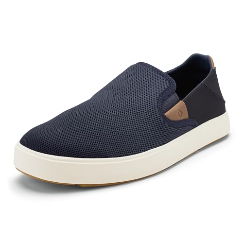 OLUKAI Men's Lae'ahi Nui Slip-On Shoes, Everyday Shoe for Casual Wear, Premium Leather & Mesh Details, All-Day Comfort & Arch Support, Trench Blue/Tan, 9.5