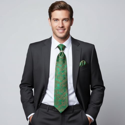 Image of 5PCS Mens Silk Designer Tie, Pocket Square, Cufflinks, Drilled Tie Ring and Lapel Pin Set for Wedding Groom Party