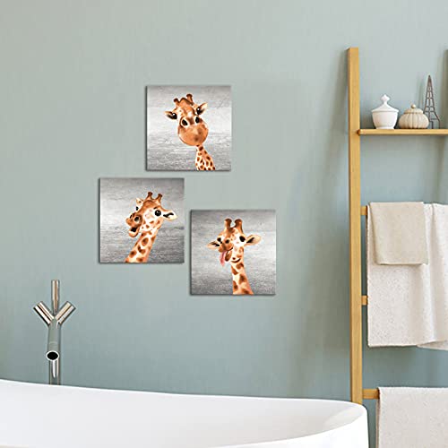 Simiwow Giraffe Decor Pictures Funny Wild Animals Framed Canvas Wall Art Kids Children Bedroom Bathroom Nursery Wall Decor 12"X12"X3 Pieces #TOP4