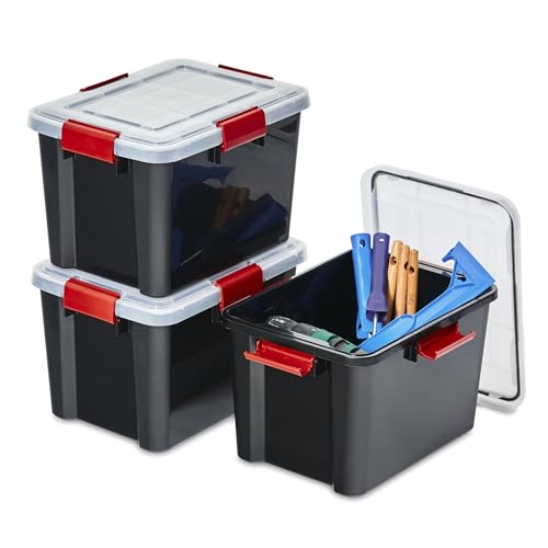 Iris Ohyama 3 Cajas herméticas de plástico con tapa y cierres a presión, 20L, Negro, sello impermeable, apilables, antipolvo, para ropas, camping, exteriores, cubo de almacenaje, box, AT-SD