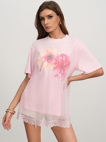 CSDAJIO Trendy Crew Neck Oversized T Shirts for Women Short Sleeve Loose Graphic Tee Summer Lace Top Floral Pink Small — view 6
