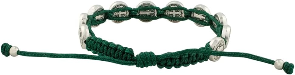 Woven Bracelet with 10 Saint Benedict Medals | Hunter Green Cord and Silver Tone Metal Beads | Patron Saint of Students and Europe | Great Catholic Gift for First Holy Communion and Confirmation - Image 2