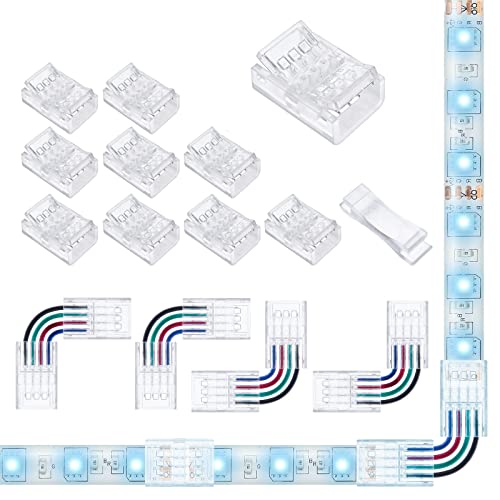 Solderless Led Light Connectors 4 pin 10 Pack and Transparent L Shape Track Lighting Connectors 4 PCS for 10mm Wide 4-Pin 3528 5050 RGB LED Strip Lights