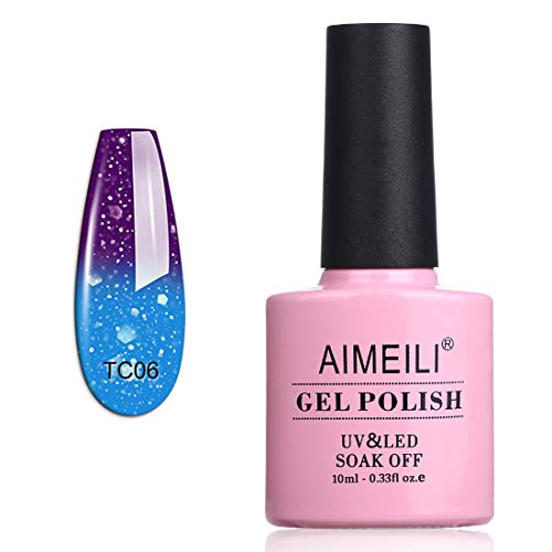 AIMEILI Soak Off U V LED Temperature Color Changing Chameleon Gel Nail Polish - Glitter Purple to Glitter Blue Full Shimmer/Diamond (TC06) 10ml