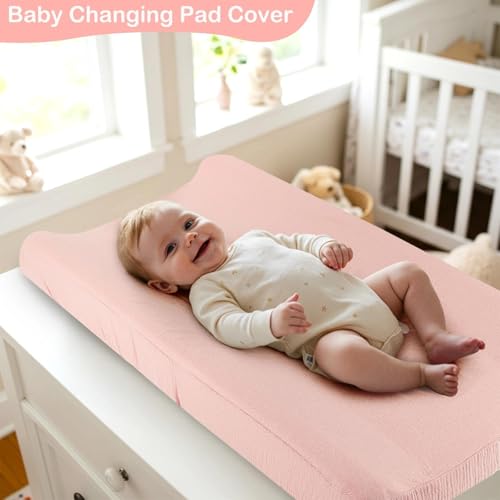 Basumee Muslin Changing Pad Cover Waterproof 2 Pack Baby Changing Table Covers for Boys and Girls Soft Breathable Nursery Diaper Change Table Cover Pad Fits 32\"x16\", Pink