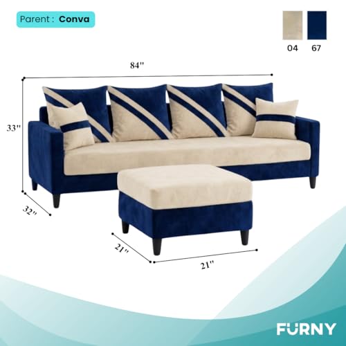 Image of SLEEPIFY Canza 4 Seater Sofa Set with Ottoman (Dark Blue - Cream) | Premium Soft Velvet | Plush Comfort Cushions | Modern Living Room Sofa | Spacious Comfortable Seating