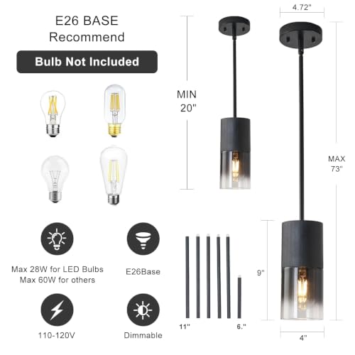 Image of Pendant Light Fixtures, Adjustable Modern Pendant Lights for Kitchen Island, Industrial Glass Pendant Lights for Dining Table Hallway Bedroom Living Room Black 3 Packs