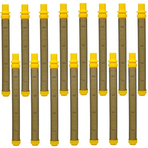 Image of 15 Pack 100 Mesh Spray Gun Filter for Titan Wagner SprayTECH, Yellow | Fits for Titan 581-062, Wagner 0089959, SprayTECH 0515220; 4 inch yellow 100 mesh push-on filters, 15 pack.