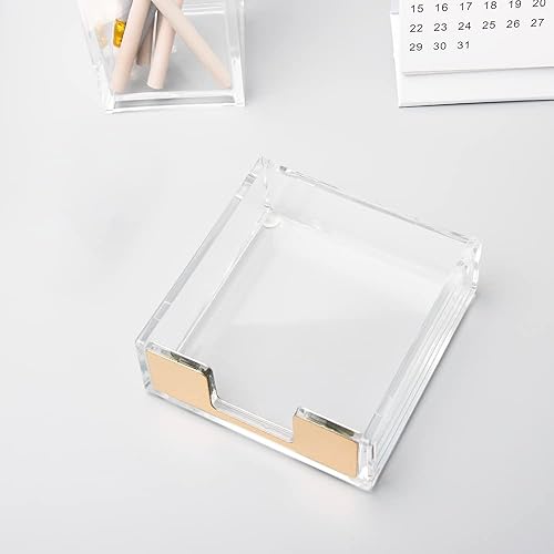 Miniatura 5 de Soporte autoadhesivo para bloc de notas de cobre acrílico transparente y dorado, dispensador de cubos de notas adhesivos, 3.5 x 3.3 pulgadas para