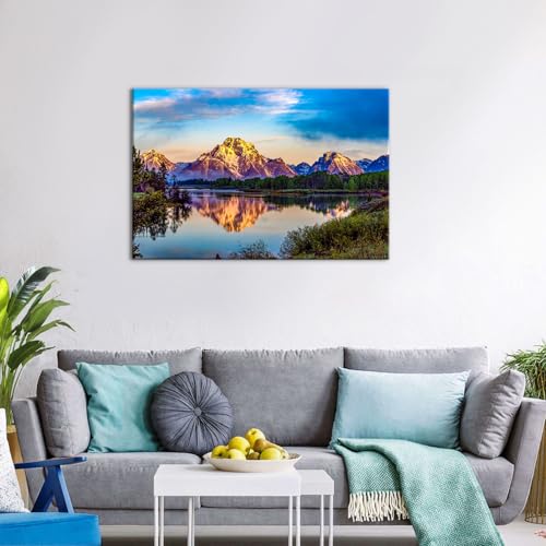 Image of Nature Forest Canvas Wall Art Rustic Snow Mountain Wall Pictures for Bathroom Decor Orange Sunset National Park Panoramic Paintings Prints Yosemite Lake Landscape Artwork Modern Home Decoration 24x36 inch