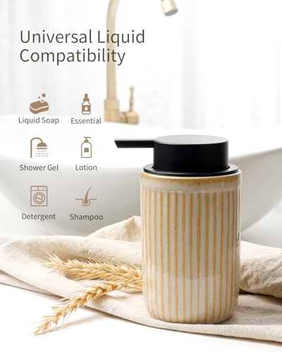 Image of BosilunLife Foam Hand Soap Dispenser - Ceramic Foaming Soap Dispenser for Bathroom 12oz Refillable Liquid Lotion Soap Dispenser with Rust-Proof Foaming Pump for Countertop, Greige