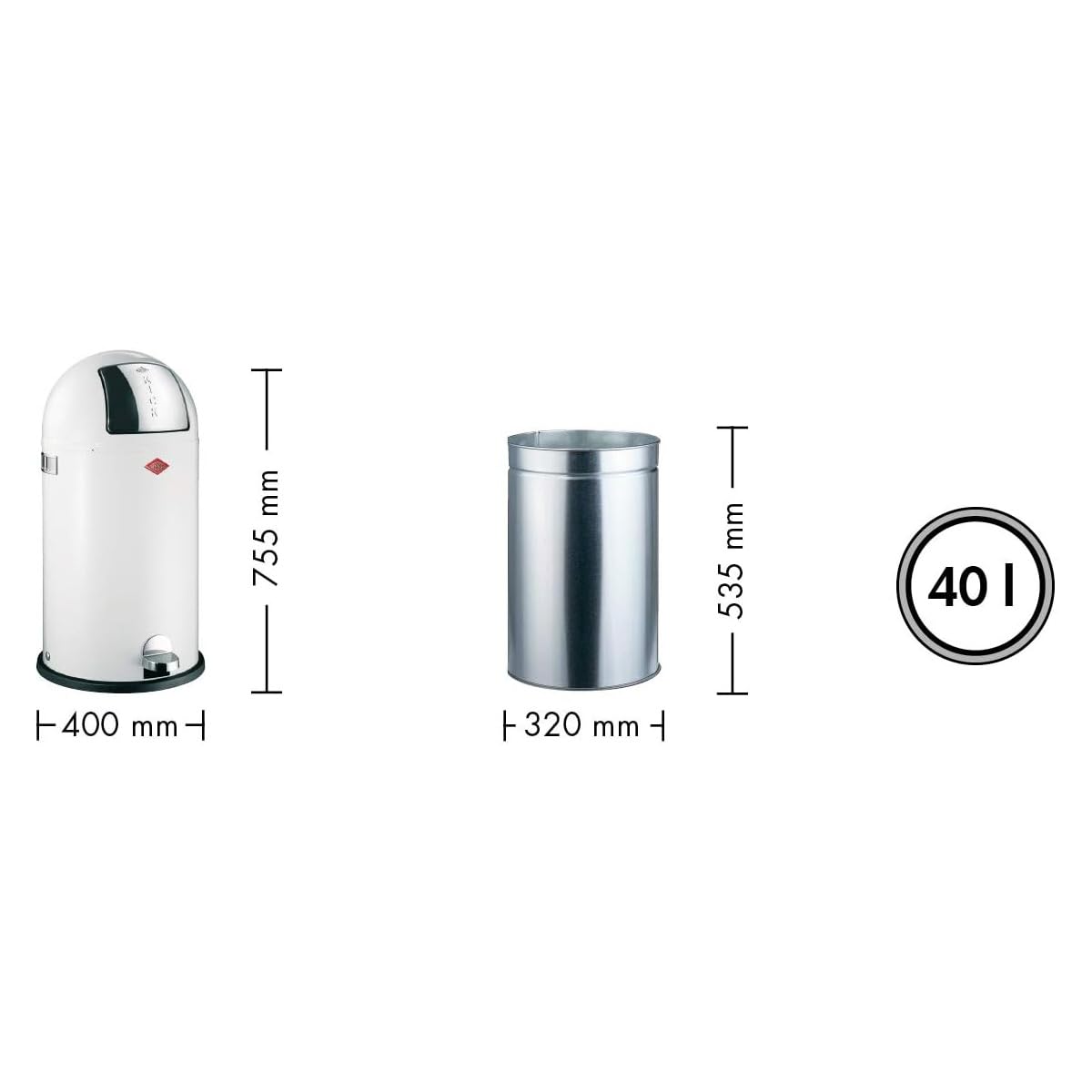 WESCO Cubo de basura Kickboy en color almendra, chapa de acero pulverizada, 40 litros de volumen, tapa de acero inoxidable, pedal de plástico cromado