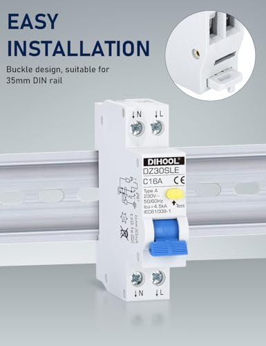 DIHOOL FI/LS Schutzschalter 16A 30mA 0.03 2-polig RCBO C16A Fehlerstromschutzschalter mit 18mm Breite | Bidirektionaler Anschluss FI LS Schalter