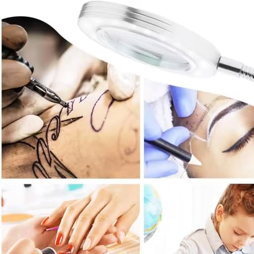 Image of BROLAVIYA Overhead 5X Magnifying Glass with 12cm Led Light, 3 Color Modes Dimmable, Flexible Hose Metal Arm, Magnifier Desk Lamp for Crafts, Makeup, Reading, Photography - Silver