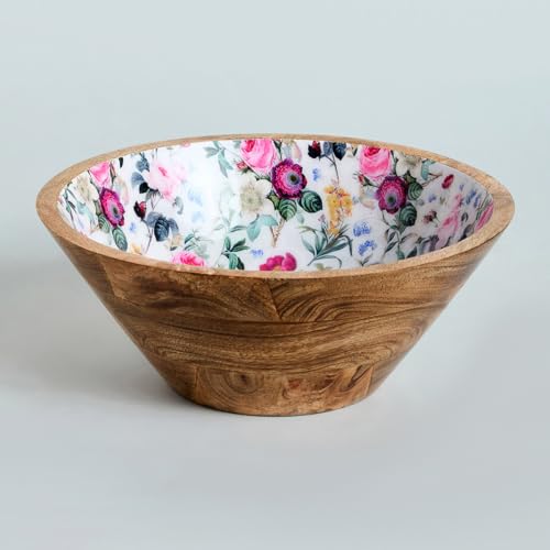 Image of SAAGA Handcrafted Mango Wood Serving Bowl - 10x4 Inch Printed Round Bowl | Food-Grade Finish for Noodles, Soups, Curries & Snacks - Red Violet