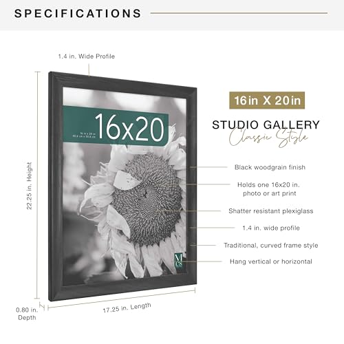 MCS Studio Gallery Classic 16x20 Poster Frame Black Woodgrain, Vertical & Horizontal Wall Hanging Large Picture Frame for Photos, Posters & Art Prints (1-Pack)