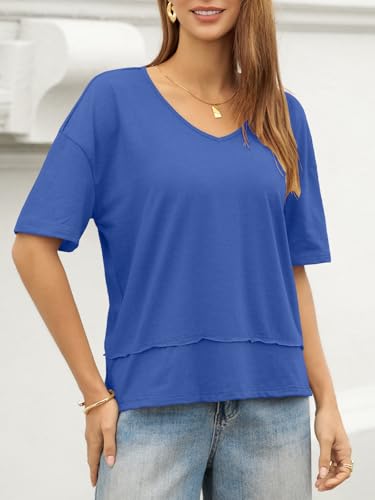 Image of UNCLECAT Womens V Neck T Shirts Summer Trendy Loose Fit Casual Tops Tees | Short sleeve, Spliced hem, Flowy graphic tees,Solid color cute basic t-shirts