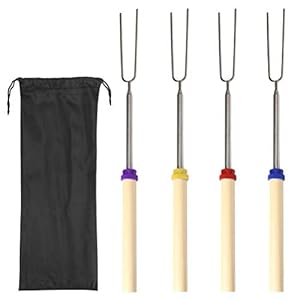 nuoshen 4 stuks barbecue-sticks, 31 cm – 82,5 cm uittrekbaar roestvrij staal grillvork grillspiesen BBQ vorken met geïsoleerde houten handgreep en zwarte opbergtas voor barbecue, camping en kampvuur
